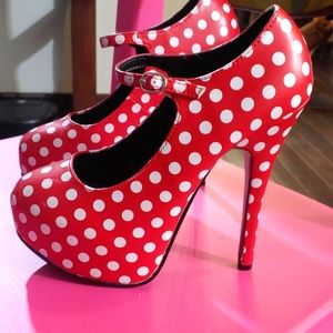 Bordello Red heels with White polka dots